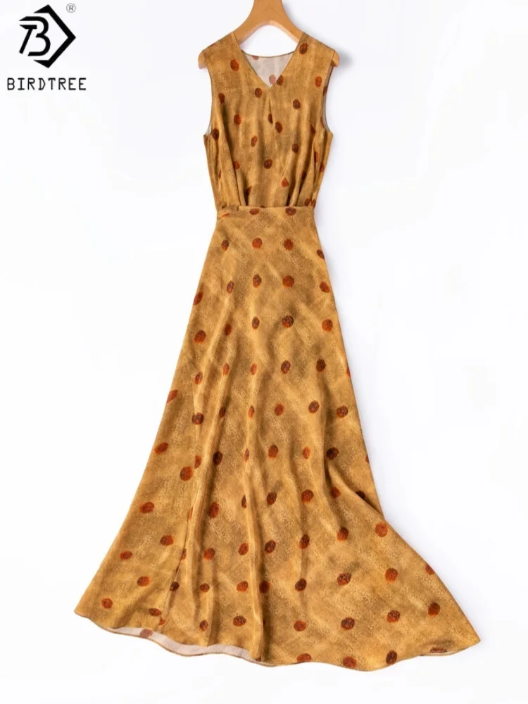 BirdTree, 100% Silk Wrap Dress, Sleeveless V-neck, Bias-cut, Women Double Crepe Print Vacation Dresses, 2026 Summer New D67102JF