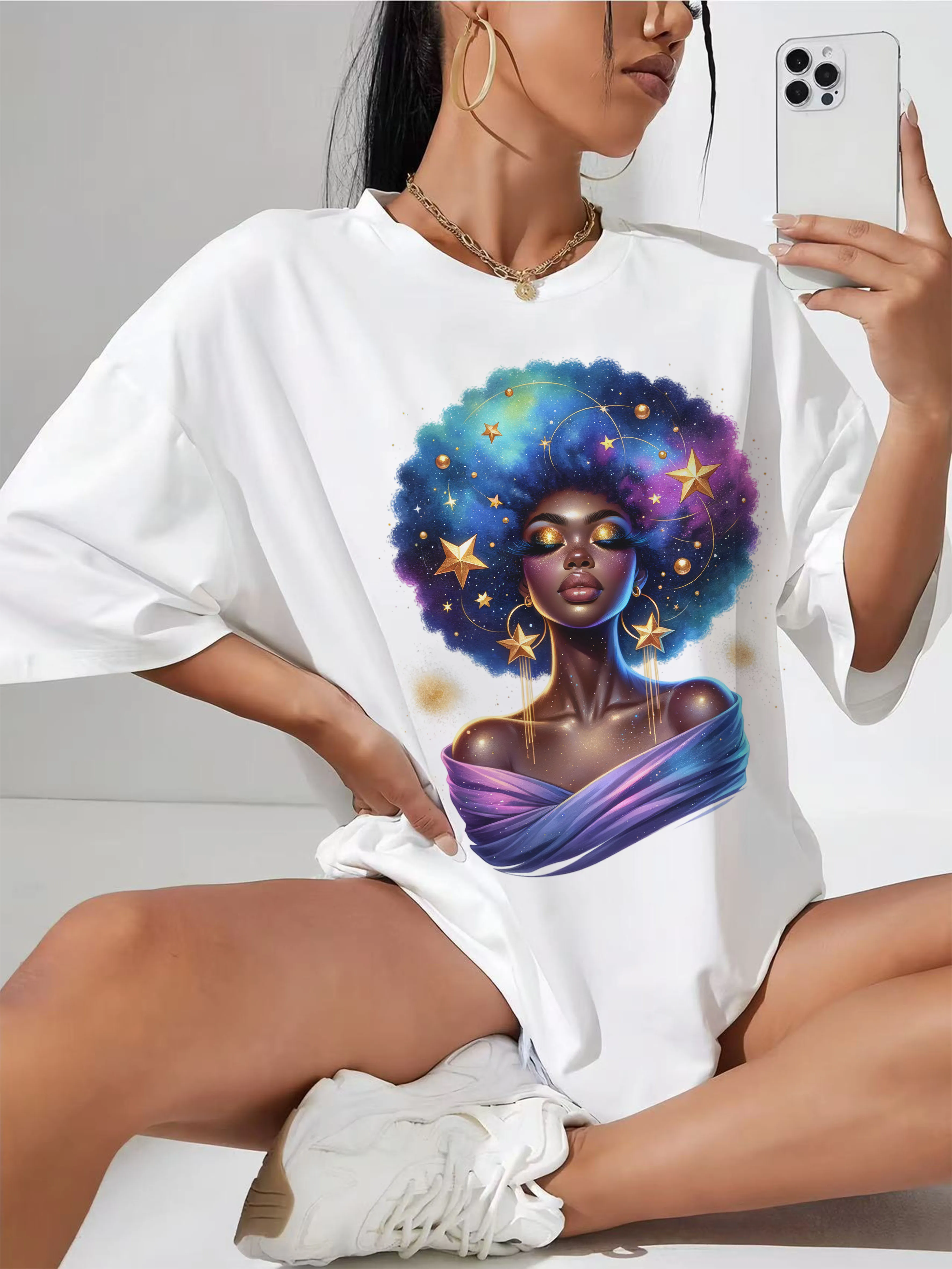 

Белая женская футболка свободного кроя Galactic-Afro-Star-Queen, стильная, удобная для повседневной носки, летних мероприятий