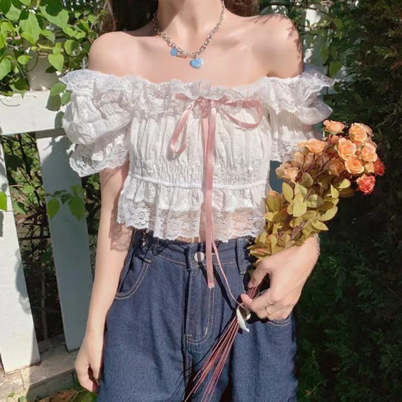 Summer Japanese Lolita Kawaii Blouse Women Lace Pink France Sweet Cute Blouse Female Puff Sleeve Korean Style Crop Tops 2023 New