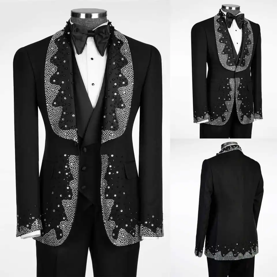 

Luxury Crystals Suits For Men Shawl Lapel Single Breasted Jacket Sets Classic Fit 2 Pieces Groom Wedding Tuxedos Customized