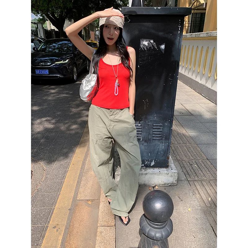 Benuynffy American Loose Straight Leg Pants Women 2026 Summer New Casual Streetwear Solid Color All Match Female Cargo Pants