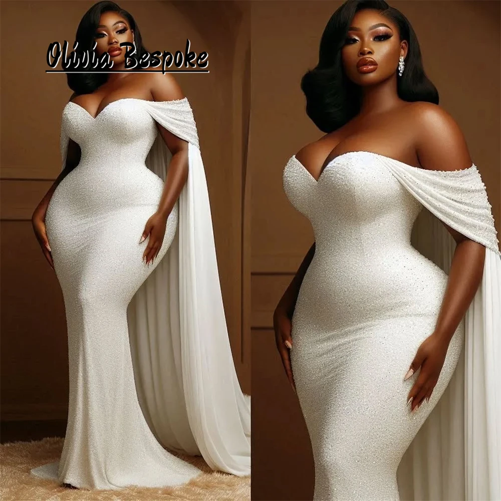 

Romantic Aso Ebi Brides Wedding Dresses Off The Shoulder Mermaid African Bridal Gowns With Cape Engagement Dress Customized