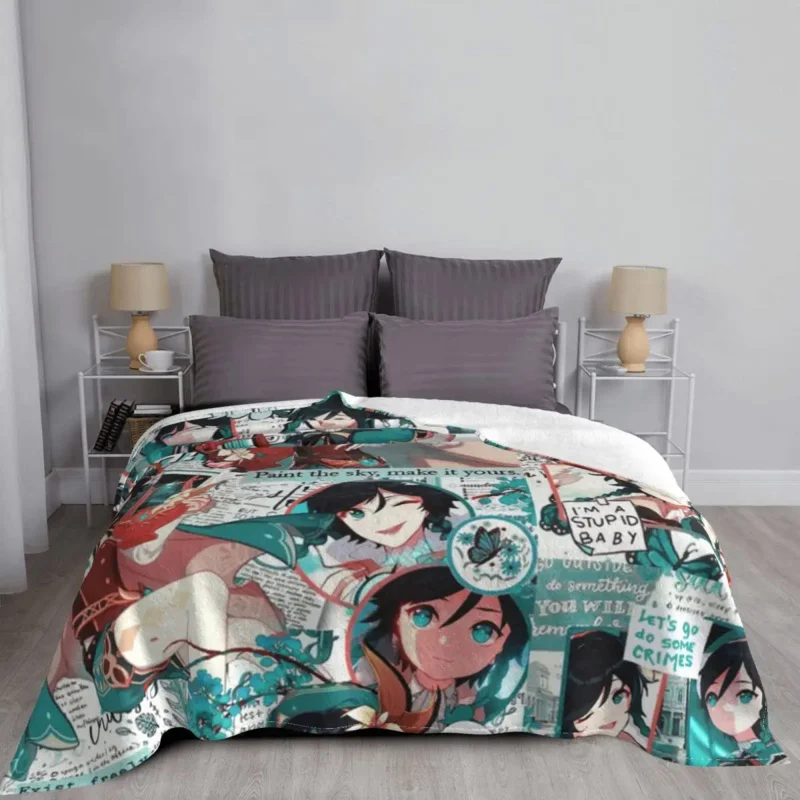 Genshin Impact Venti Blankets Coral Fleece Plush Print Video Game Cartoon Soft Throw Blankets for Home Office Bedding Throws