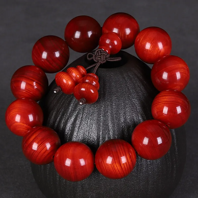 Polished Translucent Amber Blood Dragon Wood Pine Nut Gourd Beaded Bracelet for Men Buddhist Prayer Beads Wristband Gifts