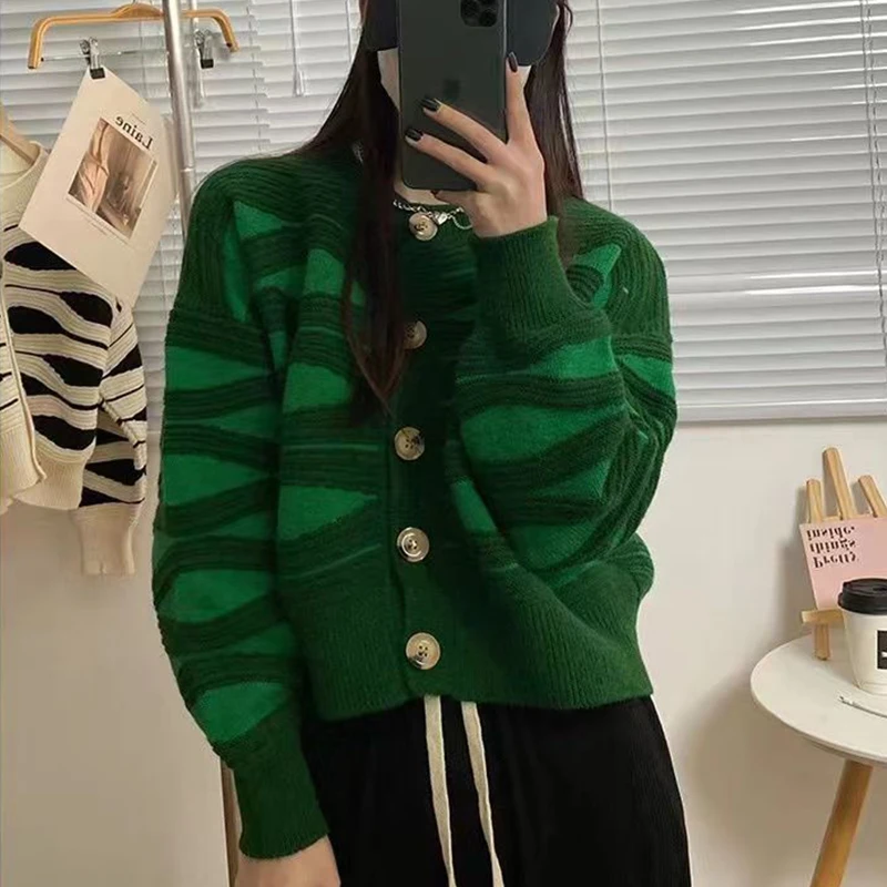 Women Wave Stripe Sweater Cardigan 2024 Autumn Long Sleeve Knitted Cardigans Lazy Sweater Female Single Breasted Knit Coat