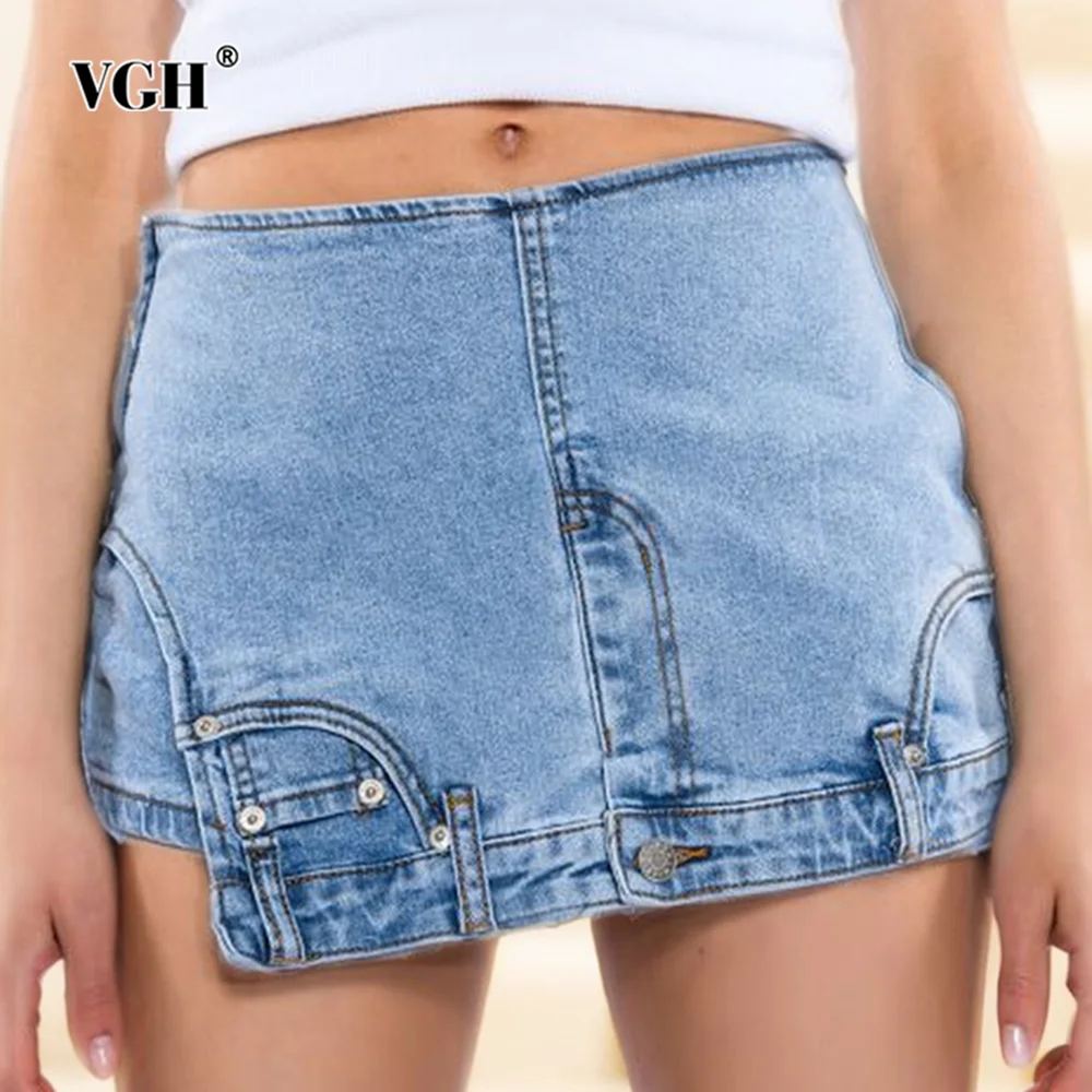 

VGH Solid Patchwork Pockets Slimming Shorts For Women High Waist Spliced Zipper Asymmetrical Denim Short Pants Female Fashion