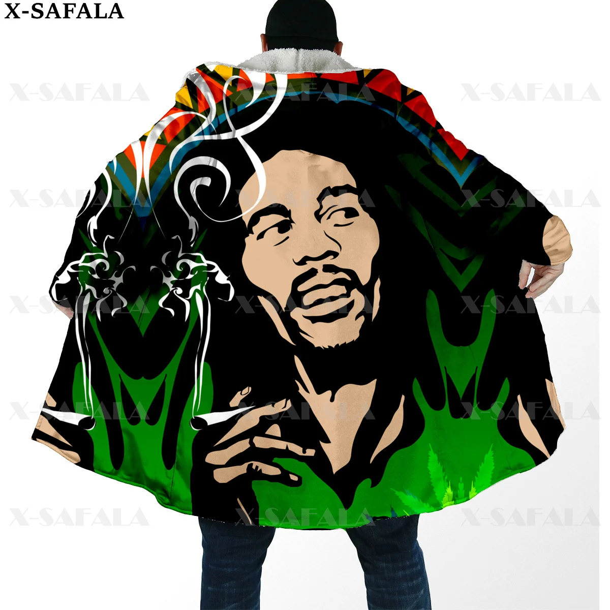 

Reggae Singer Bob Marley HipHop Weeds Thick Warm Hooded Cloak Men Overcoat Coat Windproof Fleece Cape Robe Hooded Blanket-6