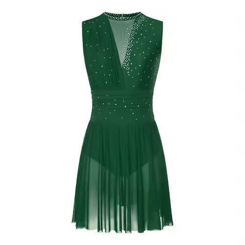 Women Ruched Ballet Lyrical Dancing Dress Round Collar Sleeveless Rhinestone Backless Dress for Stage Performance Competition - Image 7