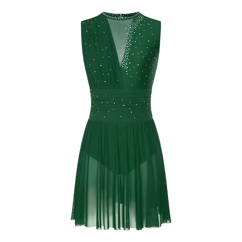 Women Ruched Ballet Lyrical Dancing Dress Round Collar Sleeveless Rhinestone Backless Dress for Stage Performance Competition - Image 7