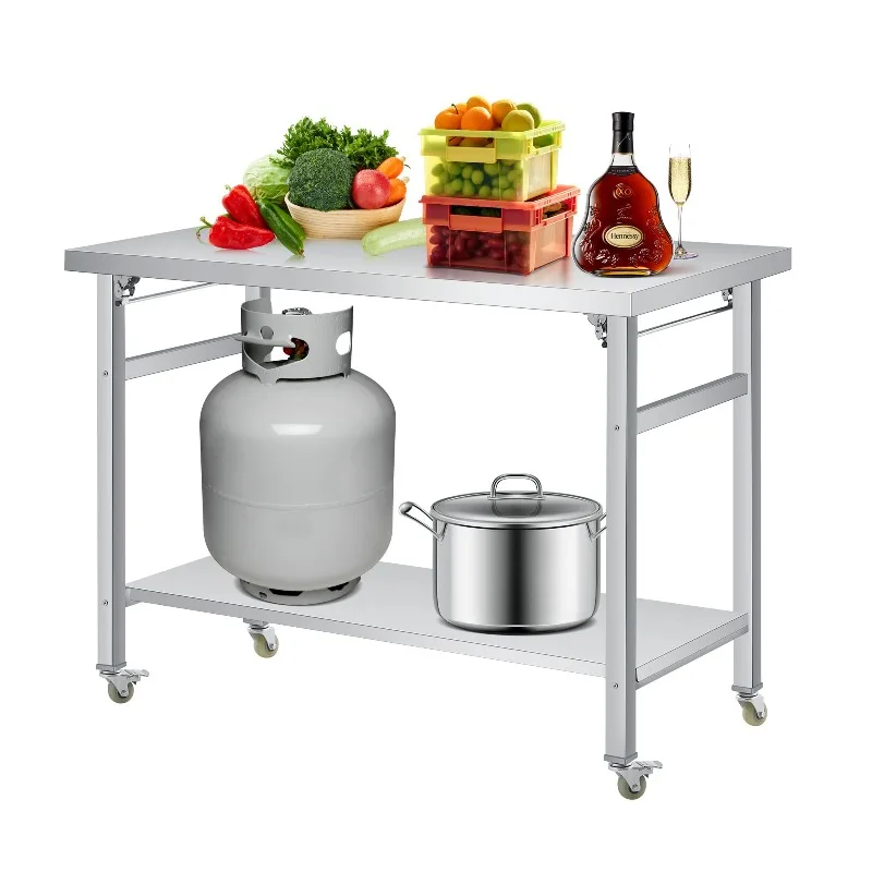 Folding Stainless Steel Table, 48x24 in, w/ Lockable Casters & Undershelf
