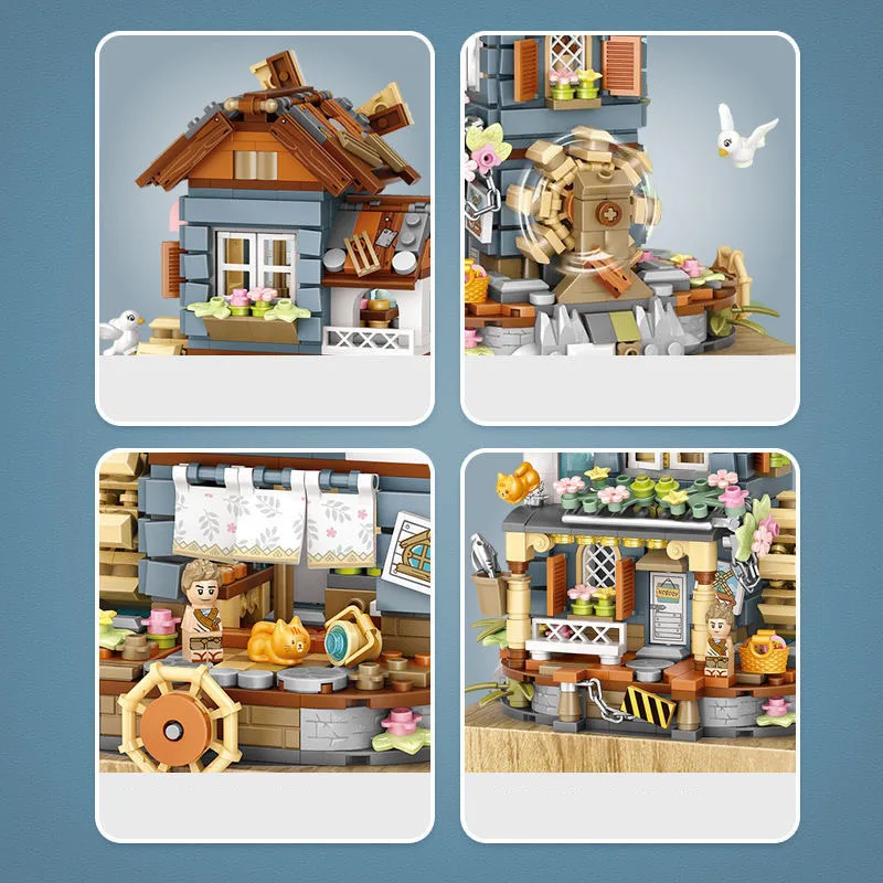 Idea Music Box Building Brick Windmill Village House Rural Mini Block Cartoon Figures Construction Model Sets Toys For Kids Gift