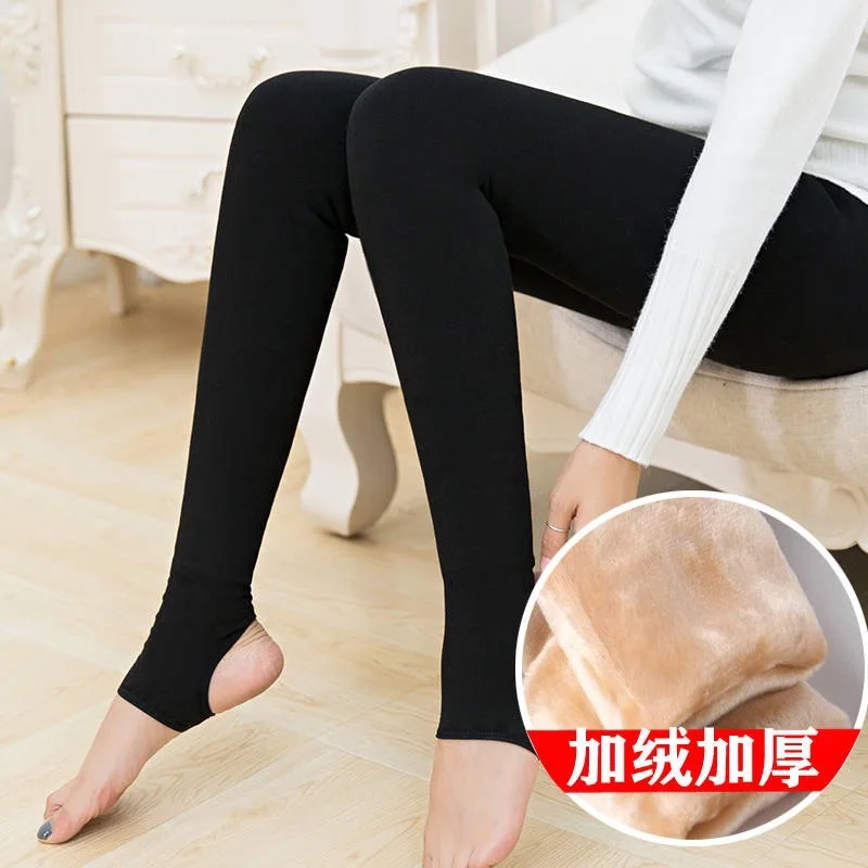 Autumn and Winter Thick Warm Flesh Leggings Women Plus Velvet Feet Foot Step on The Foot Elastic Legging Pants Capri Long Pants