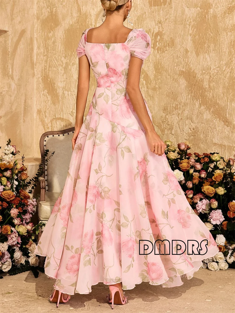

DMDRS - Flower Printed Mesh Maxi Dress with Real Images