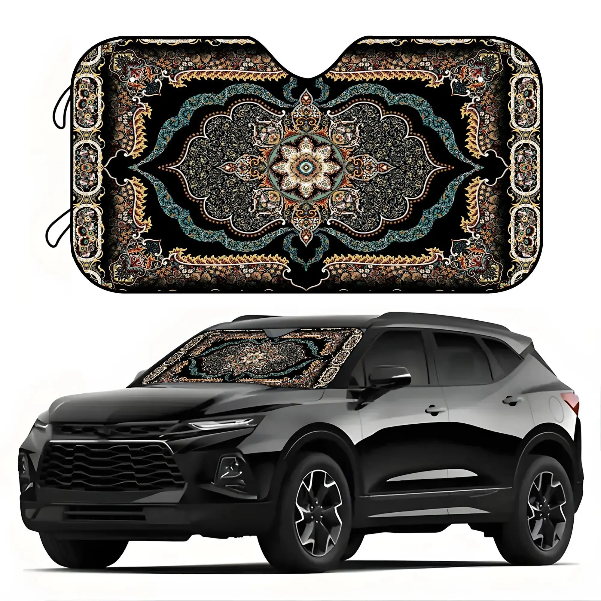 Bohemian Folk Pattern Foldable Sunshade - UV-Blocking Car Visor With Vibrant Floral Design, Premium Polyester Windshield Protect