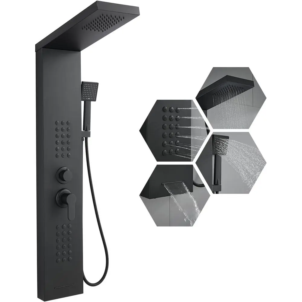 Modern Matte Black Shower Panel System with Rainfall Showerhead, Body Jets, Handheld and Tub Spout