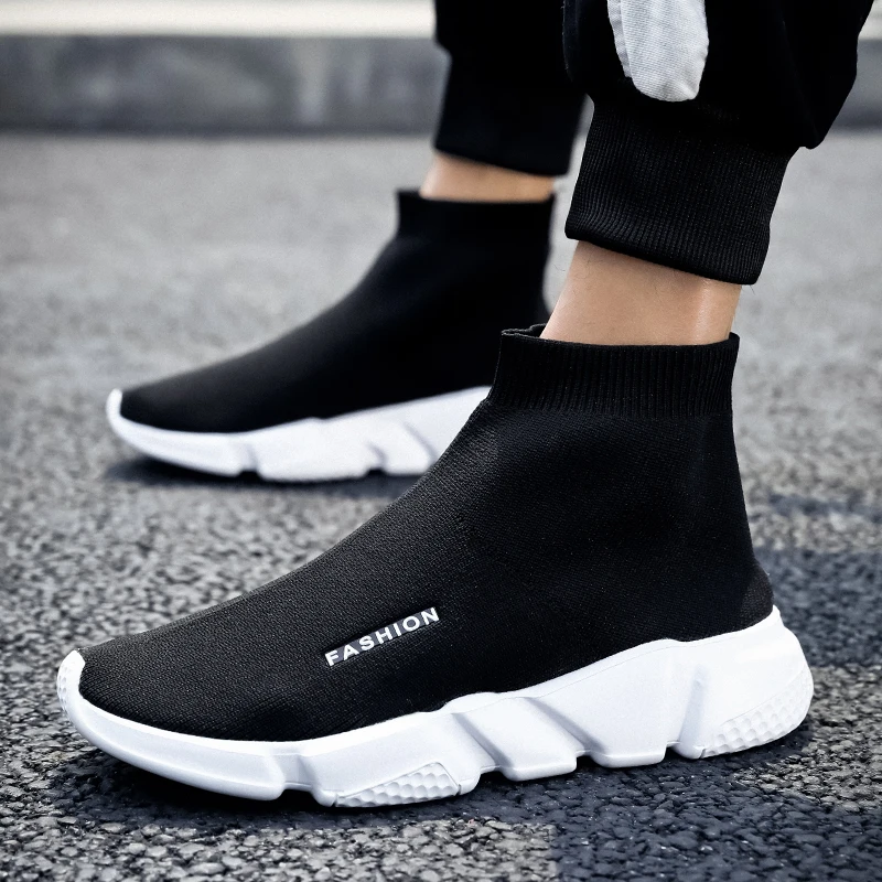 HKDQ Fashion White Lightweight Sock Shoes Men Classic Casual Breathable Mesh Sneakers Women Outdoor High Top Men's Platform Shoe