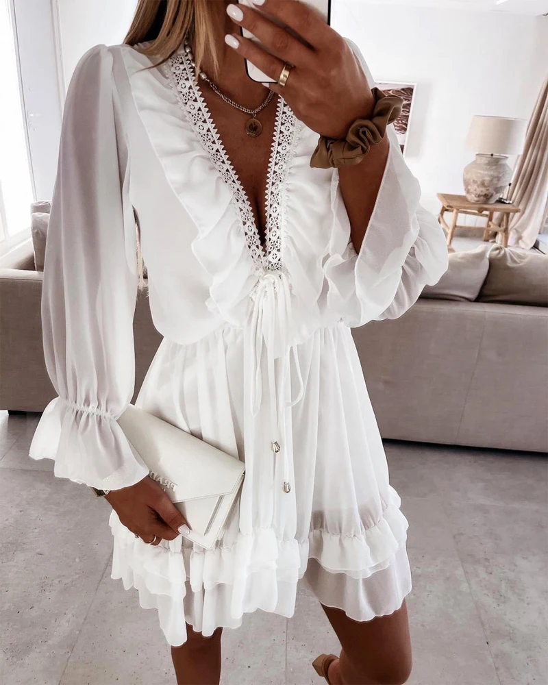 

Women Lace Trim Ruffle Hem Plunge Chiffon A Line Dress