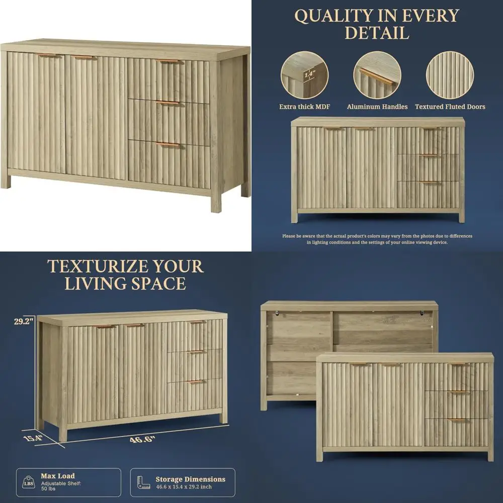 Mid-Century Modern 47 Fluted Sideboard Buffet Cabinet with 3 Drawers, Media Console Storage