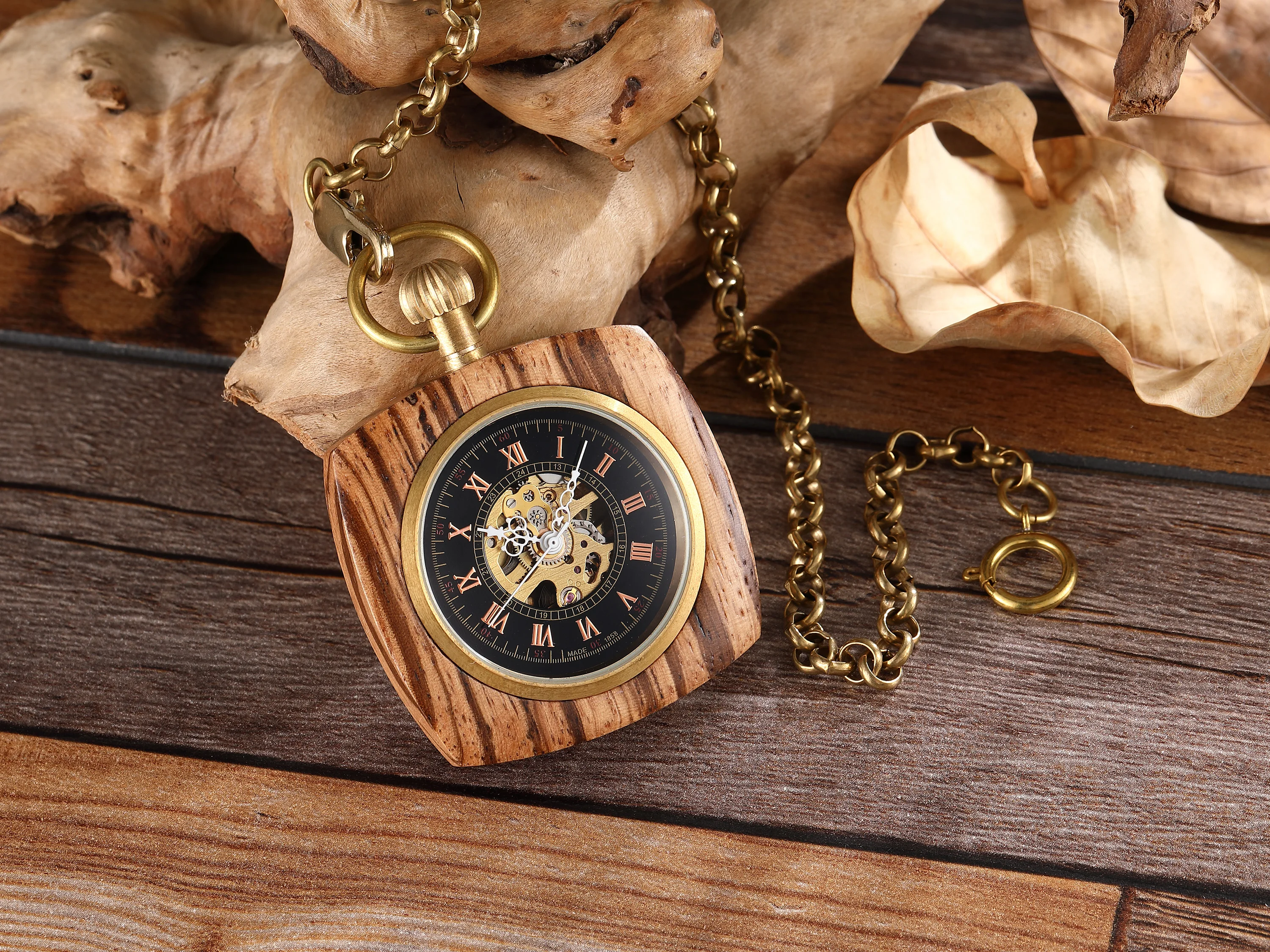 Retro Unique Royal Red Wooden Bamboo Hand Winding Mechanical Pocket Watch Square Dial with Gold Chain Men Hour Clock Gifts 2023