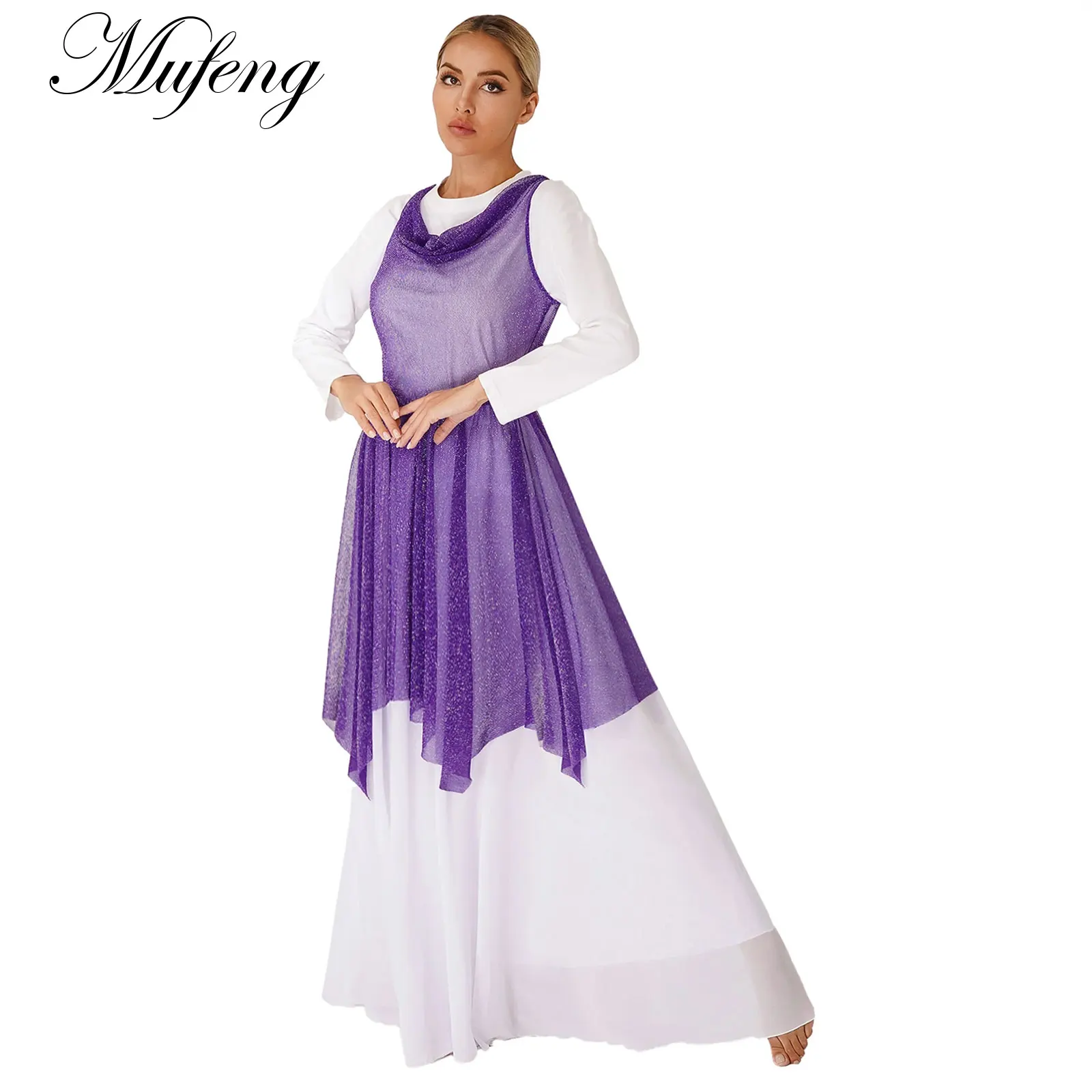 Donne Teen culto lode tunica da ballo Glittery See-Through Liturgical Overlay abito da ballo lirico Dancewear Performance del coro