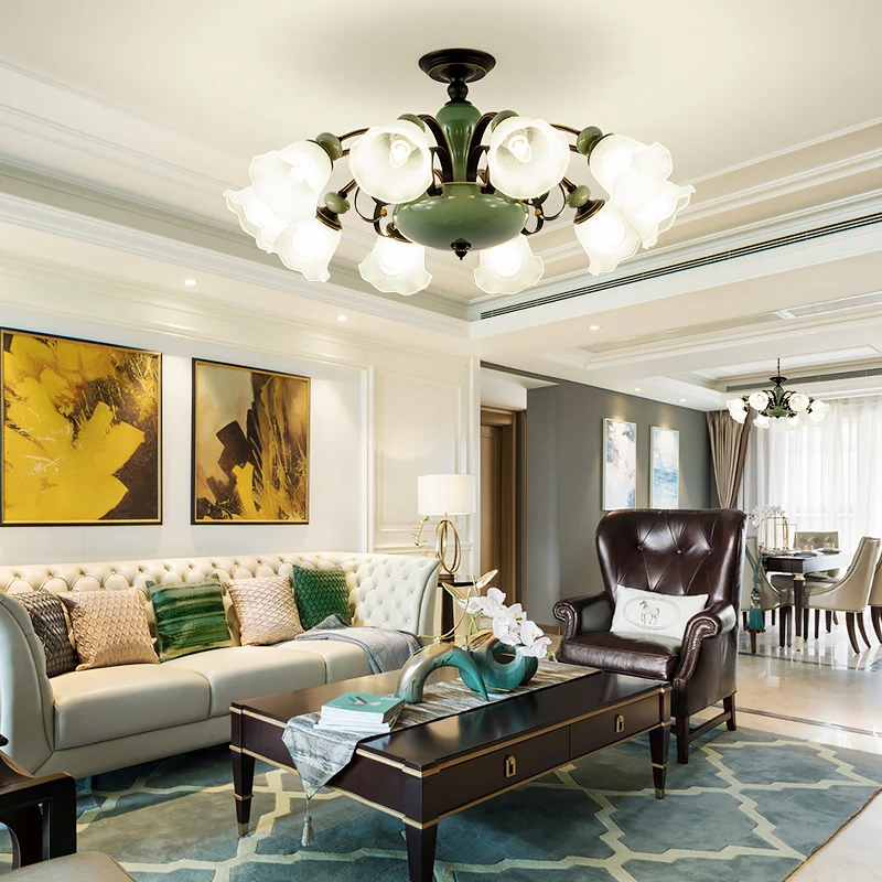 

French Style Green Iron Art Chandeliers LED Flower Glass Lampshade Creative Restaurant Bedroom Study Living Room Pendant Lights