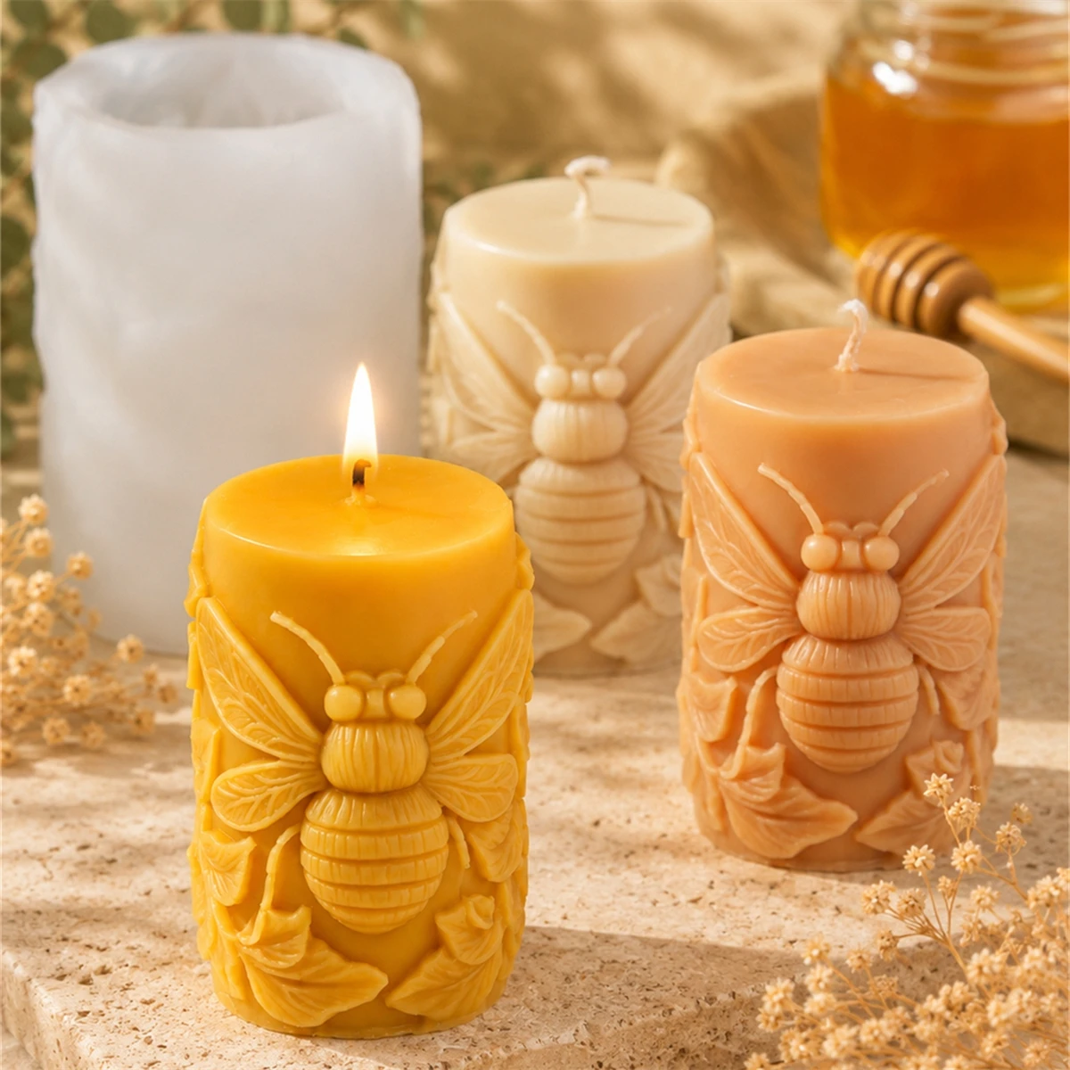 Bienen-Säulenkerzenform 3D-Relief Bienen-Blumen-Blatt-Säulen-Silikonform für DIY Handgemachte Seifen- und Kerzenherstellung Heimdekoration