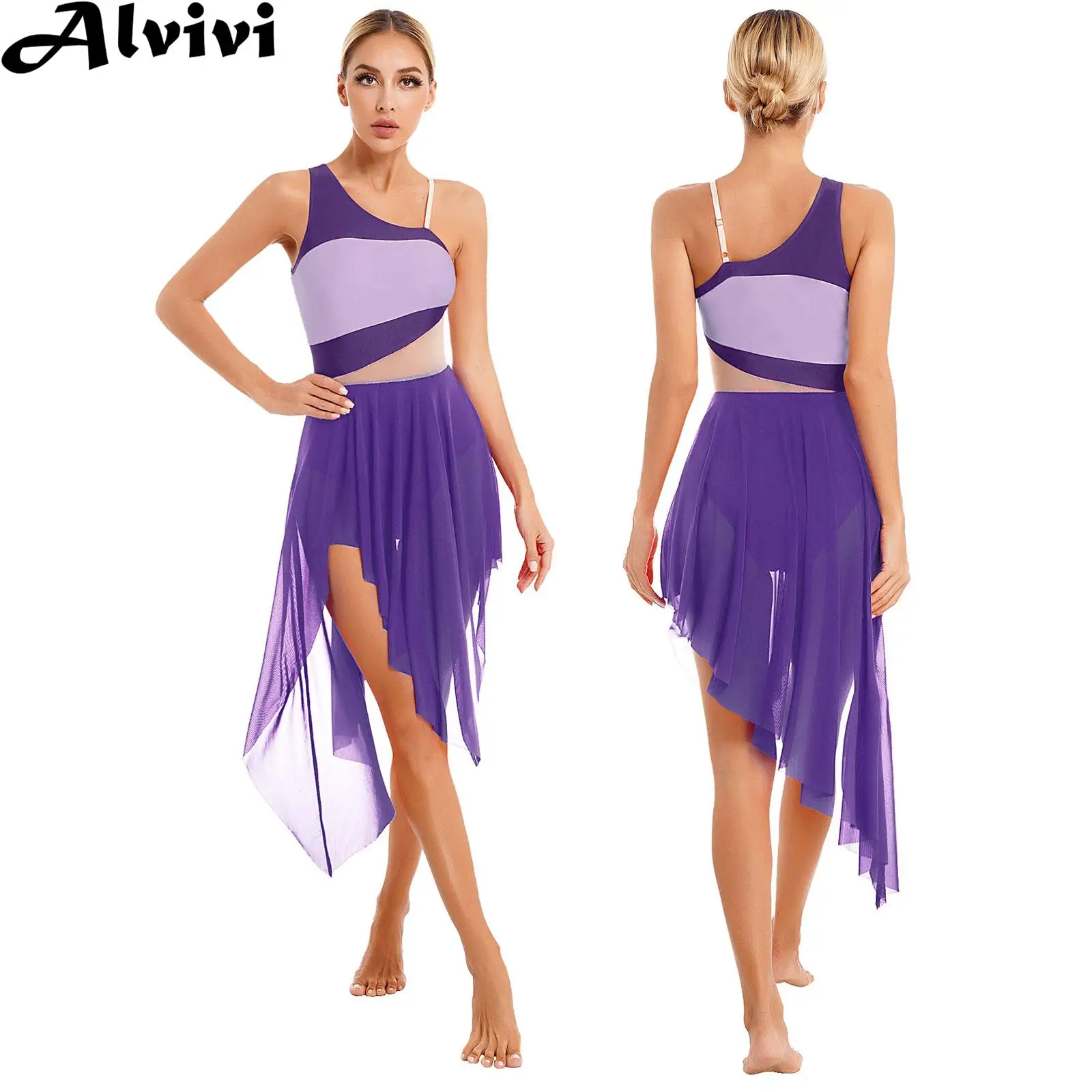 Women Contemporary Lyrical Dance Dress Sleeveless Irregular Hem Sheer Mesh Leotard Dresses Dancewear for Waltz Stage Performance