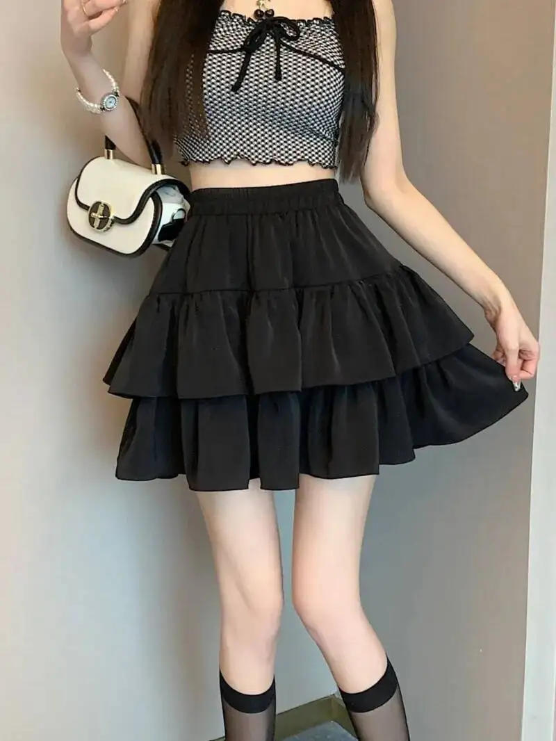 

Юбки-торты с рюшами, женские трапециевидные юбки с высокой талией, однотонные, универсальные, милые, милые, для девочек, в корейском стиле, нежная весна, Kawaii, повседневная LX5O