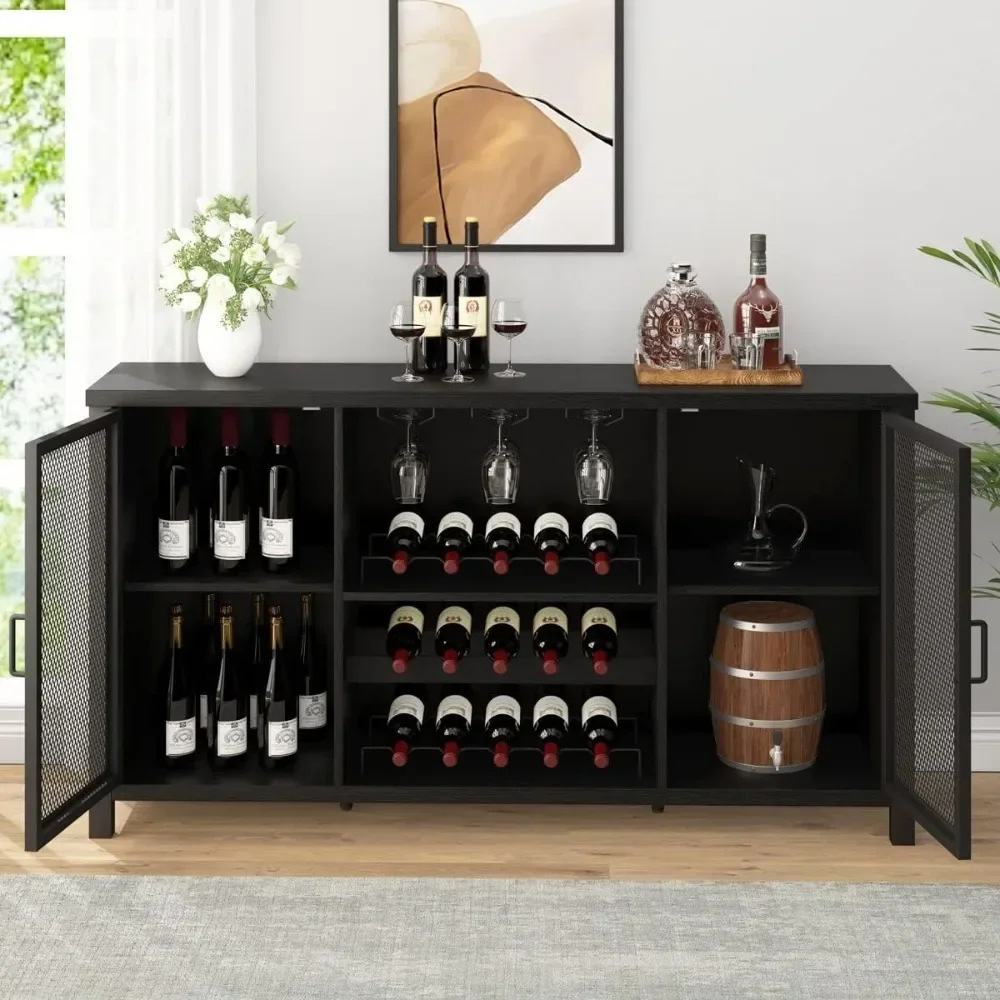 Café preto Bar armário com Wine Rack armazenamento, cozinha industrial Buffet gabinete para bebidas e café