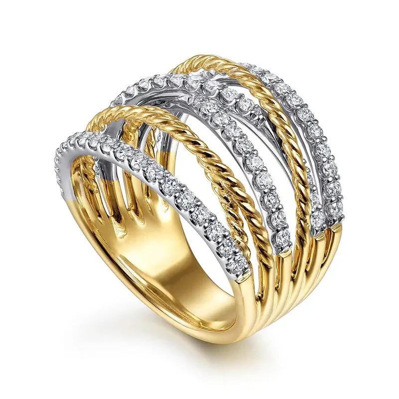 European and American Double Color Line Spiral Fried Dough Twists Woven Ring Women's Luxury Thin Edge Metal Jewelry Headpiece