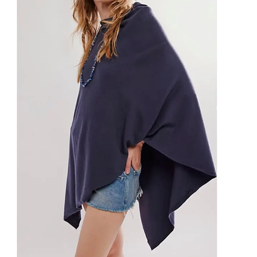 سترة كيب فضفاضة باللون الرمادي الفاتح للنساء بأكمام ثلاثة أرباع قبعات نسائية كاجوال بطبقات #2