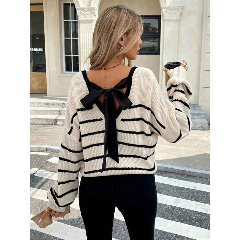 

Back Bow Knit Sweater Women's Fashion Knot Sweater Spring 2026 Knitted Top Female Gender Other Details Apply
