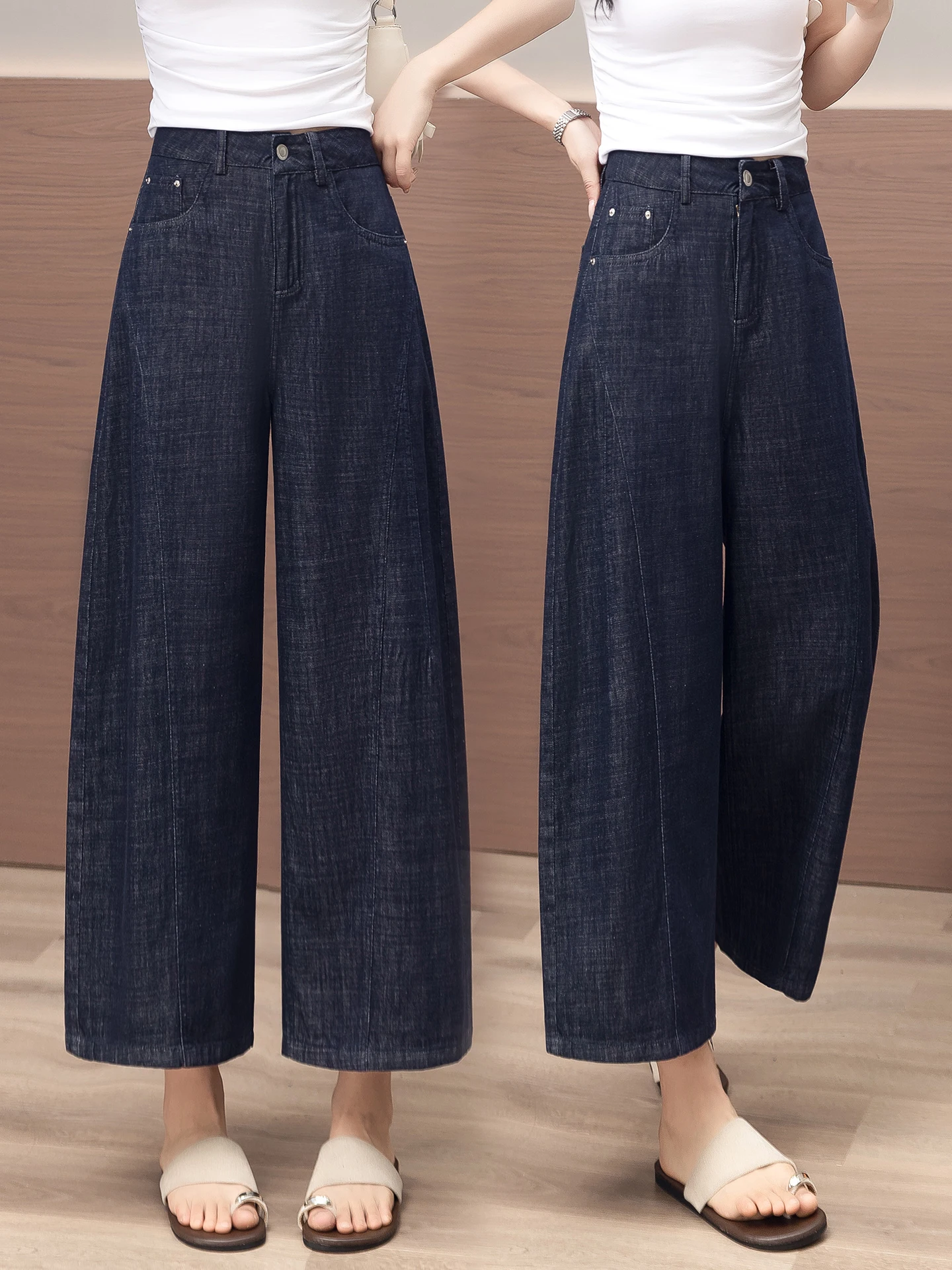 Slimming High Waist Wide Leg Jeans Women's Summer Thin Denim Blue Knife  Nine Point Jeans Casual Comfortable Cotton Jeans