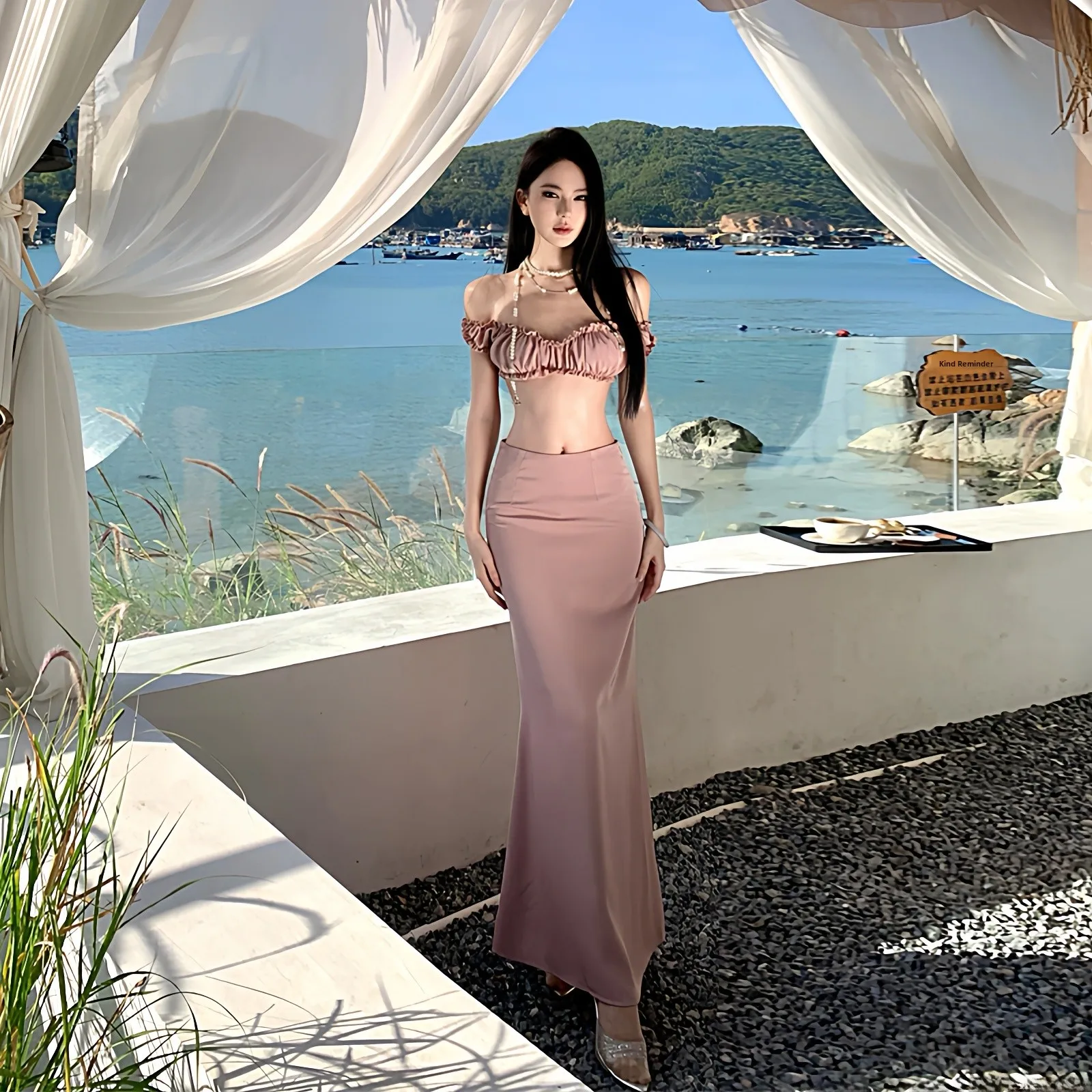 

Плиссированная юбка-русалка Island Vaion с топом-бюстье, сексуальная, для путешествий, удлиненная, из полиэстера, весенняя коллекция, женская одежда