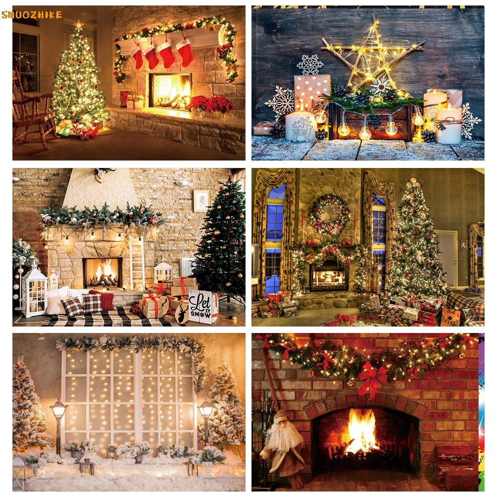

Winter Christmas Festivals Stone Fireplace Tree Lantern Warm Party Decor Child Baby Photozone Photo Background Photo Backdrops