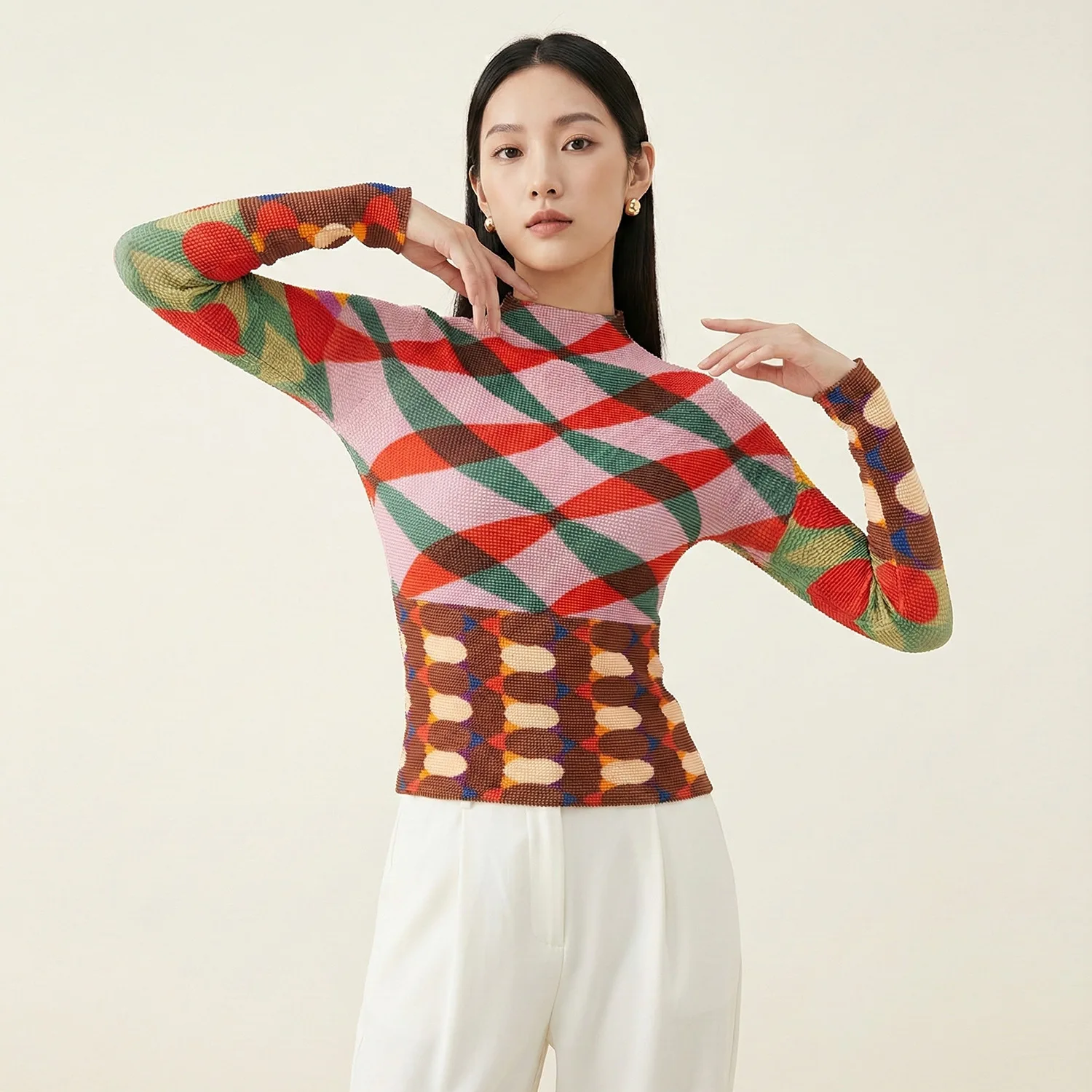 Japanese Miyake Slimming Long Sleeved Top Women High-end Fashion Printed Pullover Base Slimming Versatile Female T-shirt
