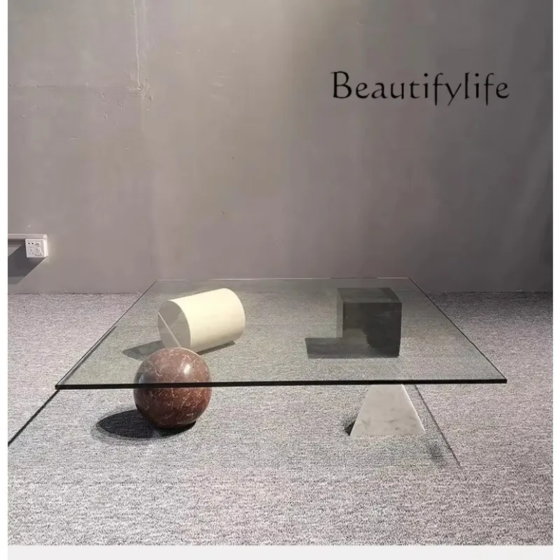 X Nordic Minimalist Designer Geometric Natural Marble Special-shaped Creative Tempered Glass Coffee Table Fashion