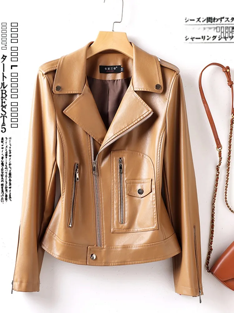 ファッショナブルな本革ジャケット女性用オートバイ用シープスキンコートスタンドカラージッパー開閉スリムフィットデザイン