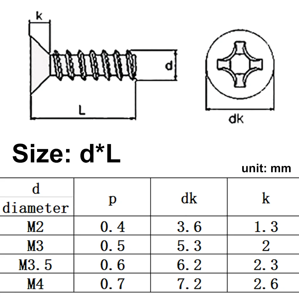 M1-M4 Mini Countersunk Flat Tail Self-tapping Screws 304 Steel Cross Drive Electronic Instrument Fixed Fastening Screws