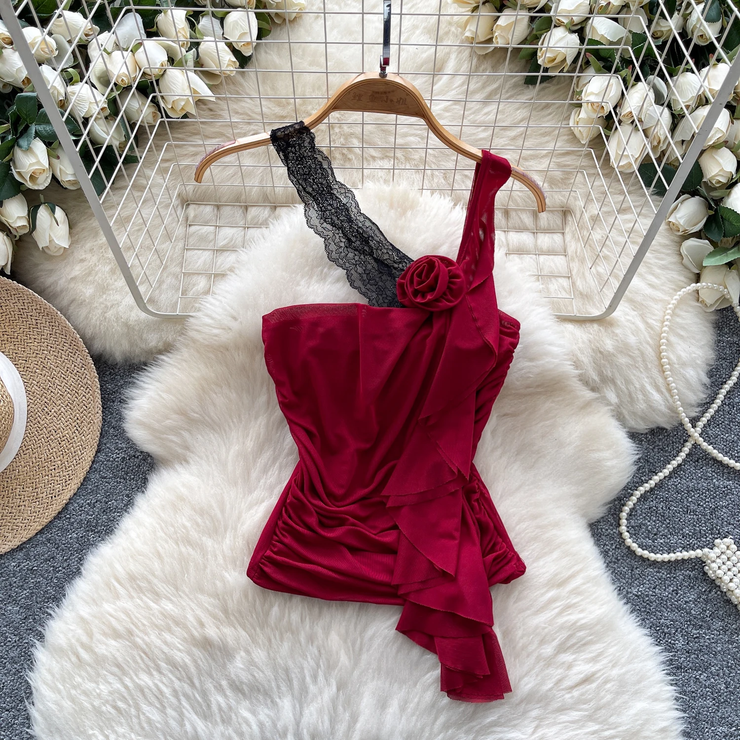 Elegancka bluzka damska w stylu vintage, bez rękawów, asymetryczna, koronkowa, dopasowana, modna koszula, codzienna, szykowna, top, wróżkowa, letnia koszula.