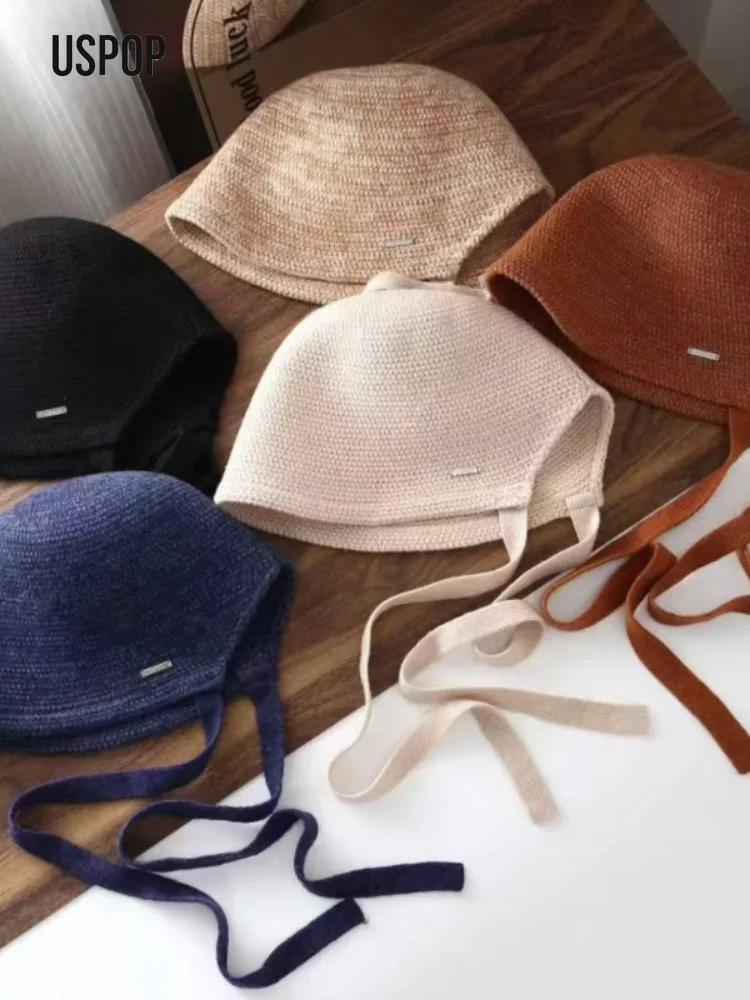 USPOP Fashion Wool Bucket Hat for Women Winter Thickened Split Back Knitted Hat with Ties