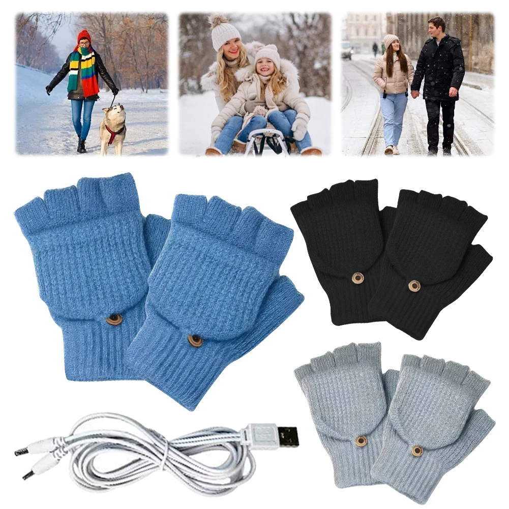 USB Heated Knitted Gloves Thermal Knitting Mitts Non-Slip Winter Cycling Gloves Thicken Flip Top Mittens for Outdoor Sports