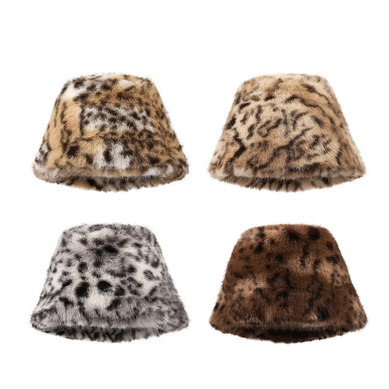 Winter leopard print fisherman hat for women, plush hat, warm and stylish, makes the face look smaller