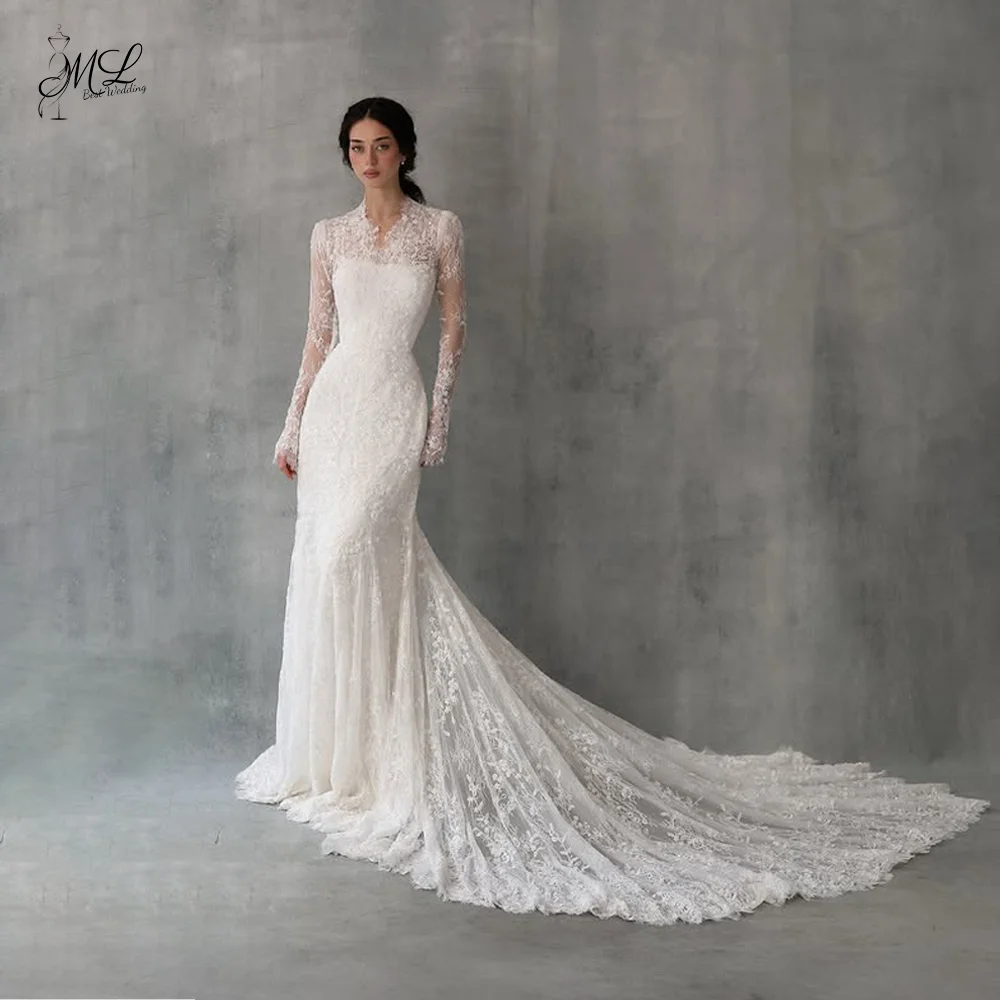 ML Customized Luxury Lace Appliques Mermaid Watteau Train Wedding Dresses 2026 New Elegant Long Sleeves Wedding Gowns for Brides