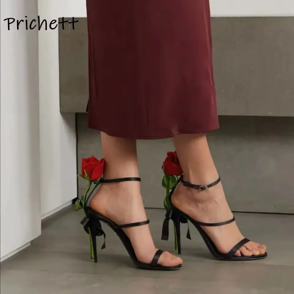 Red Rose Banquet Sandals Concise Romantic Straight Strap Stain Ankle Band Shoes Round Toe Thin Heels Black Fashion Sexy Shoes