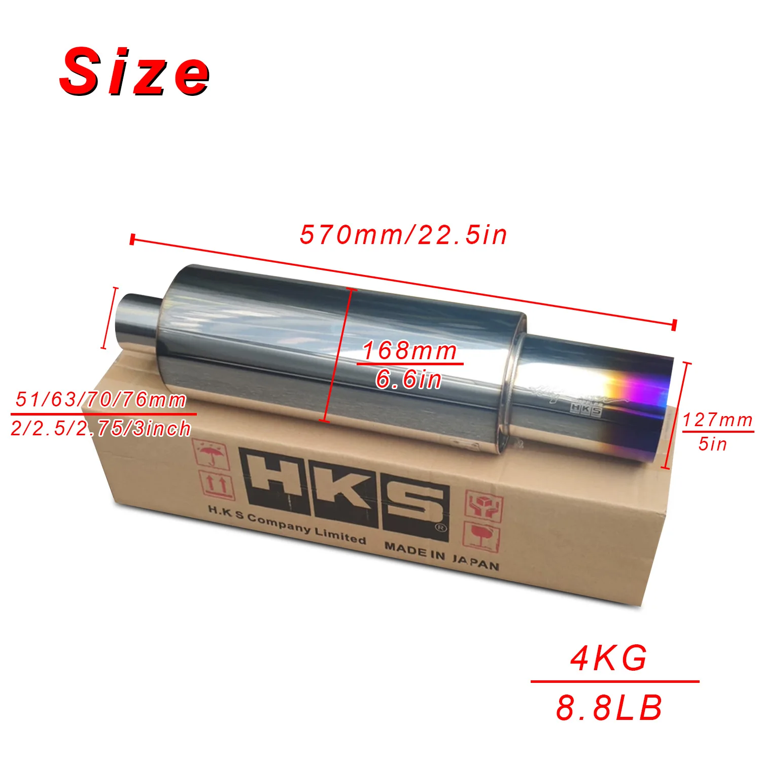 HKS 127mm/5in Bore Diameter Straight-Through Exhaust Muffler, Stainless Steel Car Tailpipe High Power Exhaust Increase the Roar
