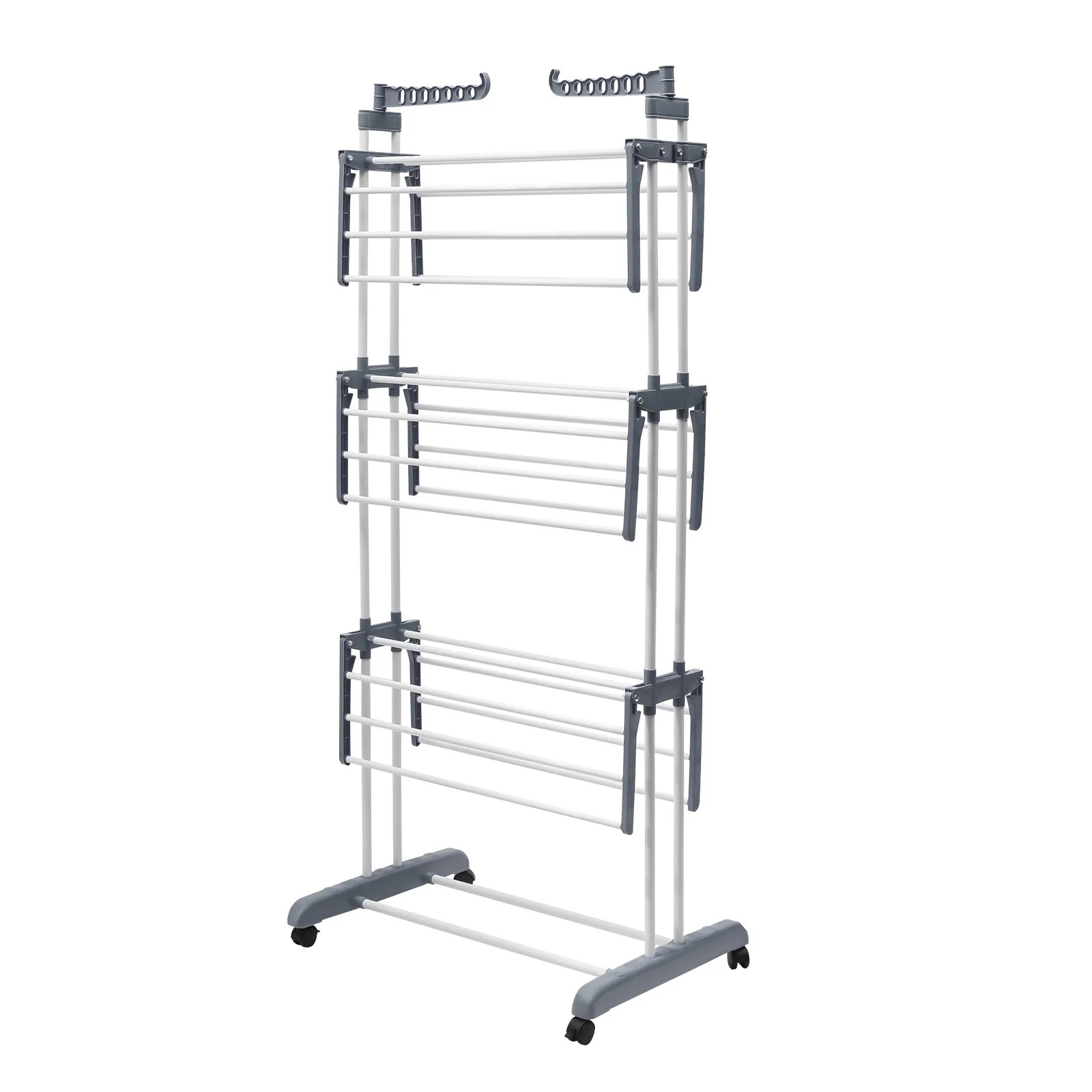 4 Tier Metal Clothes Rail with Wheels ,7 Windproof Hooks Clothes Horses Rack ,Laundry Garment Dryer Stand with 2 Side Wings