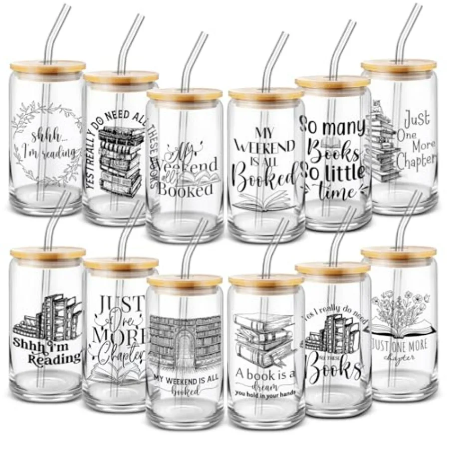 

12 Pcs Book Lovers Themed Gift Set with 16 oz Glass Cups Featuring Bamboo Lid and Straw Library and School Inspired CanShaped D