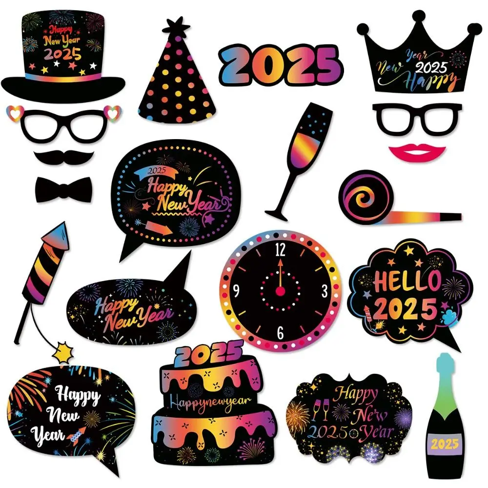 

20pcs Cartoon 2025 New Year Photo Booth Props Colorful Paper New Year Costume Mask DIY Blessing Photo Dress Up Props