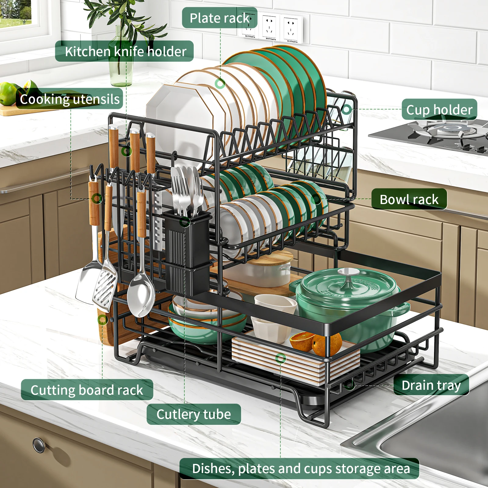 Dish Drying Rack 3 Tier Large Dish Drying Rack for Kitchen Counter with Drainboard Stainless Steel Dish Drainer for Dish Cup